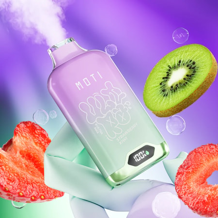 A colorful vape device with a gradient purple and green design labeled "MOTI," surrounded by floating strawberry slices, kiwi fruit, and vapor against a vibrant purple background.