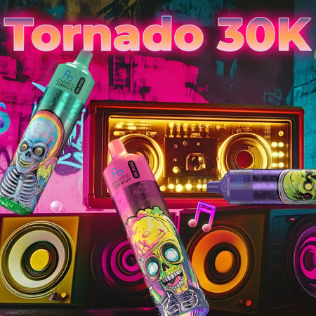 En livfull grafik med två sprayburkar med färgglada skalledesigner, märkta "Tornado", mot bakgrund av retrohögtalare och neonljus. Texten "Tornado 30K" visas tydligt överst.