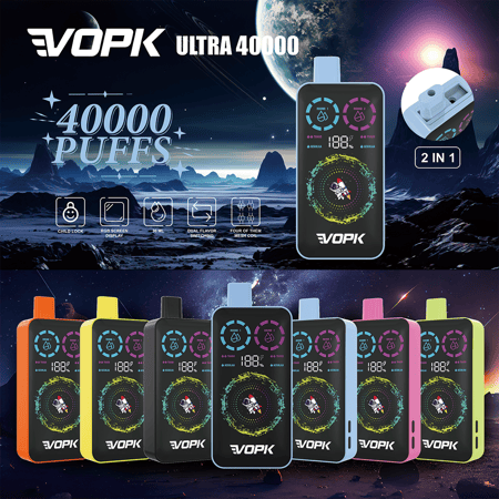 En färgstark display med flera vaping-enheter märkta "VOPK Ultra 40000" på en kosmisk bakgrund. Varje enhet visar olika färger och en digital skärm som indikerar användningsfunktioner, med grafik som illustrerar dubbla smakalternativ och andra specifikationer.