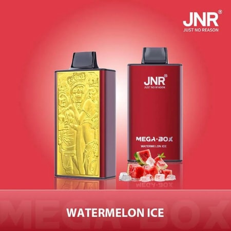 Un dispositivo de vapeo rectangular rojo y dorado con un diseño en relieve dorado en un lado y la marca "JNR MEGA BOX WATERMELON ICE" en el otro, con sandía y cubitos de hielo debajo.