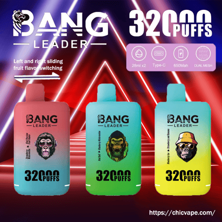 Bang Leader 32000 Teneur en nicotine : 0%, 2%, 3%, 5% Nombre de bouffées : jusqu'à 32 000 bouffées Capacité du e-liquide : deux dosettes (28 ml + 28 ml) Bobine à double maille Capacité de la batterie : batterie rechargeable de 650 mAh Saveurs : 12 saveurs uniques Port de charge : charge rapide de type C Emballage : 10 pièces par boîte