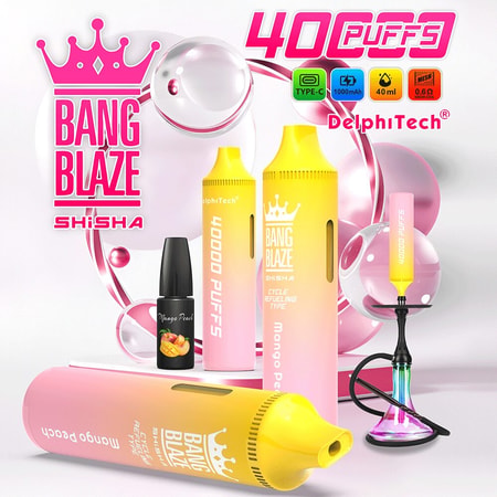 Bang Blaze Shisha 40K Puffs Vape har en kapacitet på 40 ml, ett batteri på 1000 mAh, en 0,6Ω mesh-spole och laddning av typ C. Erbjuder 0%-5% nikotin, 12 smaker, en påfyllningsbar design och upp till 40 000 bloss för långvarig njutning.