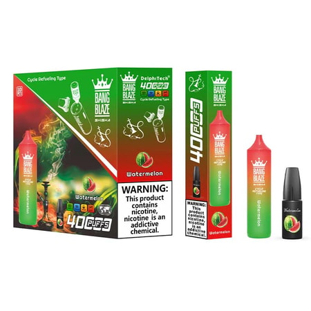 Bang Blaze Shisha 40K Puffs Vape har en kapacitet på 40 ml, ett batteri på 1000 mAh, en 0,6Ω mesh-spole och laddning av typ C. Erbjuder 0%-5% nikotin, 12 smaker, en påfyllningsbar design och upp till 40 000 bloss för långvarig njutning.