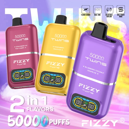 Fizzy Twins 50K Puffs Vape har dubbla smaker, en kapacitet på 50 ml och räcker till upp till 50 000 bloss. Med 2%/5% nikotin, dubbla mesh-spolar och Type-C-laddning levererar den långvariga, smakrika och kraftfulla vapingsessioner.