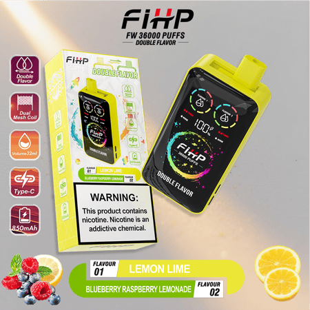 Yellow-framed FIHP FW 36000 Puffs Double Flavor disposable vape with a black screen, displayed with its packaging and flavor labels Lemon Lime and Blueberry Raspberry Lemonade, against citrus-themed artwork.
