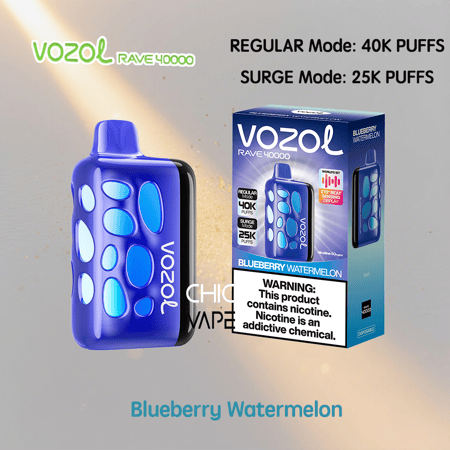 A purple VOZOL Rave 40000 disposable vape device with blue circular panels sits beside its Blueberry Watermelon flavor box, with bold text indicating Regular Mode: 40K PUFFS and Surge Mode: 25K PUFFS.