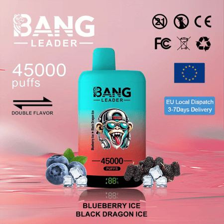 ピンクの背景にターコイズからピンクのグラデーションの Bang Leader vape ボトル。ブルーベリー、アイス、ブラックベリー、フレーバー名のブルーベリー アイスとブラック ドラゴン アイス、さらに EU 旗と配達バッジに囲まれ、45,000 パフが付いています。.