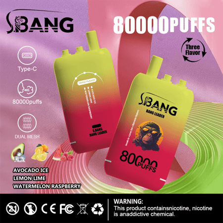 Zwei Einweg-Vaporizer mit Farbverlauf von Gelb zu Rosa mit der Marke S.BANG BANG LEADER, die für 80.000 Züge und dreifachen Geschmack mit Dual-Mesh-Spulen und Typ-C-Aufladung werben, vor einem lebendigen, mehrfarbigen Hintergrund mit Geschmackssymbolen für Avocado-Eis, Zitronenlimette und Wassermelonen-Himbeere.
