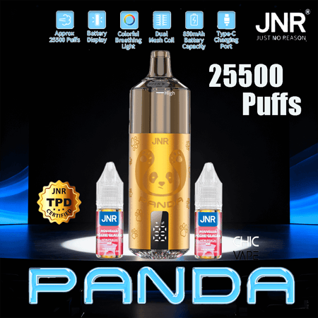 Dispositivo de vapeo central con diseño de panda dorado y un motivo de cara de panda, flanqueado por dos pequeñas botellas con etiquetas rosas, colocadas sobre un fondo promocional oscuro con un gran texto blanco '25500 Puffs' a la derecha y un gran título azul 'PANDA' en la parte inferior, junto con el logotipo de JNR en la parte superior derecha.