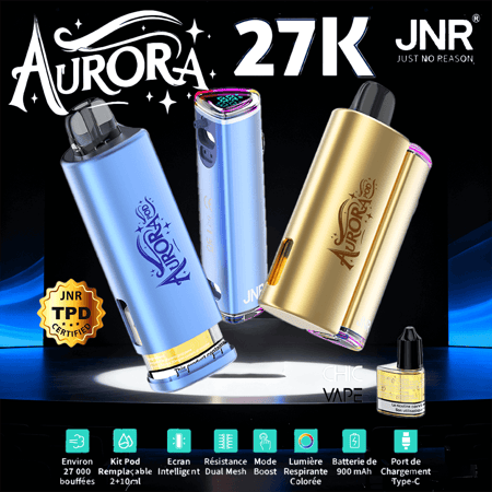 Los dispositivos de vapeo Aurora 27K JNR en acabados azul y dorado se destacan sobre un fondo oscuro, acompañados por una pequeña botella de e-líquido, una insignia dorada con certificación JNR TPD y una fila de íconos de características turquesas en la parte inferior.