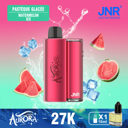 Dos dispositivos de vapeo de color rosa con las etiquetas Aurora y JNR se encuentran en el centro sobre un fondo degradado de rosa a verde, rodeados de rodajas de sandía, cubitos de hielo y salpicaduras, con una etiqueta Pastèque Glacée Watermelon Ice turquesa en la parte superior izquierda y el logotipo de JNR en la parte superior derecha, y una pancarta Aurora azul oscuro en la parte inferior que muestra 27K y una pequeña botella de 10 ml.
