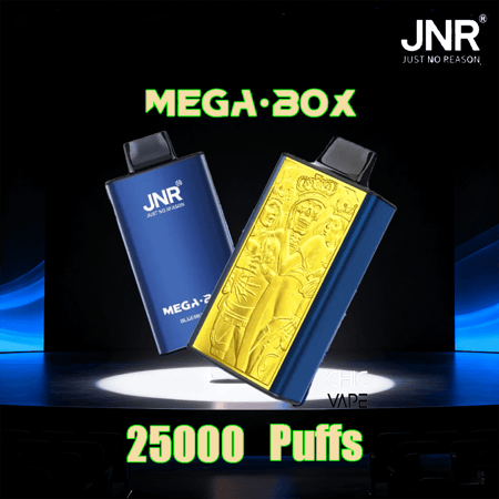 Dos dispositivos de vapeo JNR Mega-Box en un escenario oscuro, uno azul con el logotipo de JNR y el otro azul con un panel grabado en oro, con texto MEGA-BOX verde brillante arriba y 25000 Puffs en verde neón en la parte inferior.