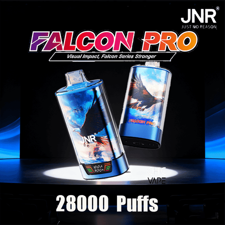 Dos dispositivos de vapeo Falcon Pro azules con ilustraciones de alas y pantallas digitales, con la marca JNR, mostrados sobre un fondo oscuro con la leyenda '28000 Puffs'.