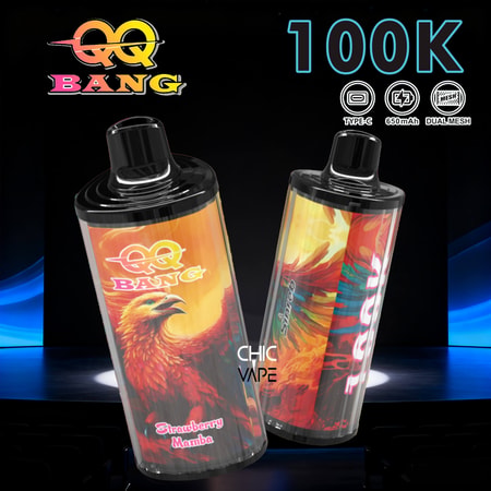 Due vaporizzatori colorati con opere d'arte audaci, con disegni di fenice e fuoco, su uno sfondo scuro con testo “100K” e loghi del marchio.