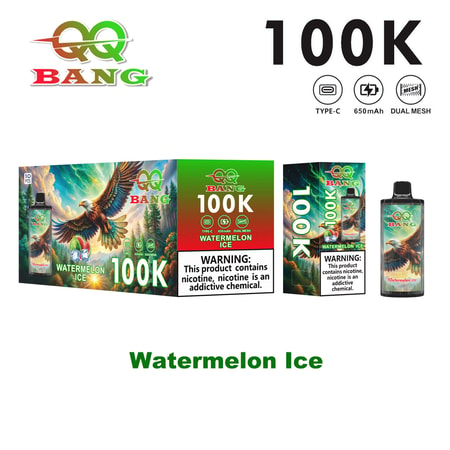 Set di confezioni per prodotti da svapo Watermelon Ice 100K caratterizzato da una scatola con gradiente dal verde al rosso, icone indicatrici a doppia rete e una bottiglia con grafica di ghiaccio di anguria.