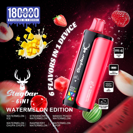 Dispositivo di vaporizzazione Stagbar 6-in-1 Watermelon Edition in rosa con pannello nero, circondato da frutta e grafica splash, marchio e icone di sapore.