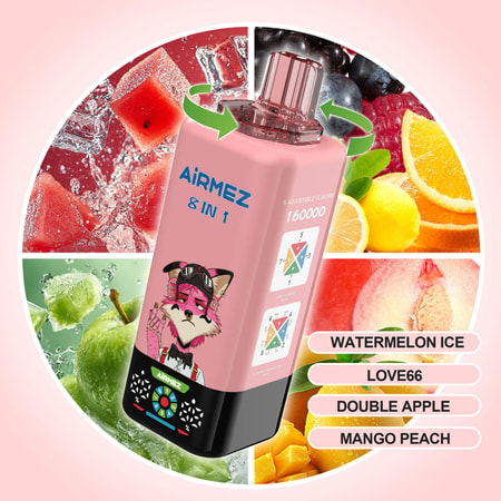 Una bottiglia rosa di aromi sei in uno con base nera, circondata da un collage circolare di immagini di frutta (ghiaccio di anguria, lime, arancia, mela, mango, pesca) e nomi di sapori sulla destra.