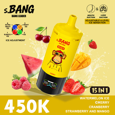 Bottiglia per bevande s.BANG di colore giallo brillante con illustrazioni di frutta (anguria, lamponi, mango) e testo in grassetto nero, che mostra le funzionalità di rilevamento del ghiaccio e i gusti 4 in 1.