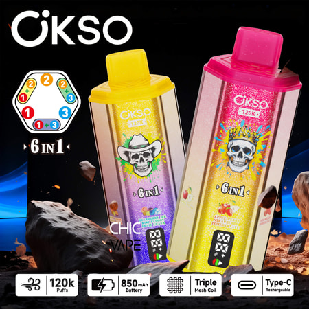 Colorful OKSO 6-in-1 vape bottles with skull logo, pink and yellow caps, set against a dark cosmic background with chips and rocks; features 120k puffs and 850mAh battery icons.