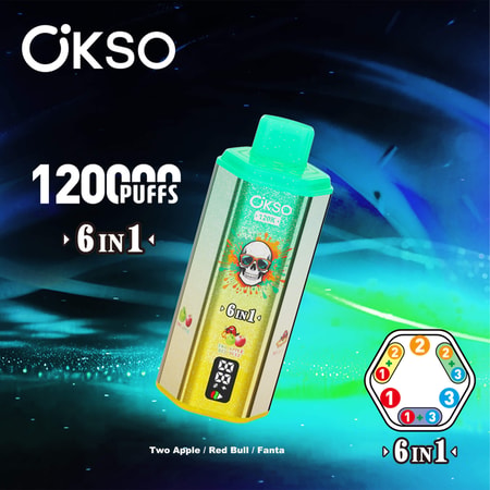 Vape mod with green cap against a blue abstract background, labeled OKSO 6 in 1, 12000 puffs, plus a color wheel graphic showing flavor options Two Apple Red Bull Fanta text at bottom.