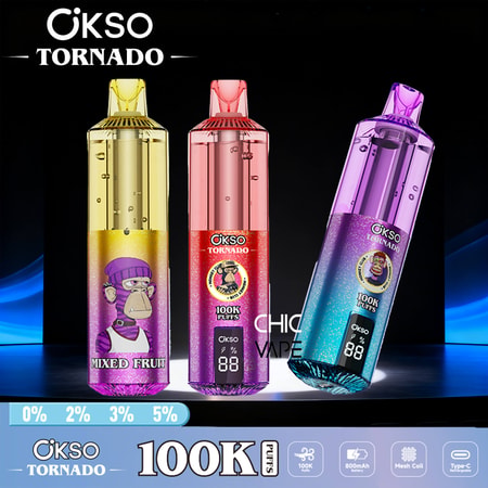 OKSO Tornado 100K disposable vape device with RGB lighting, dual mesh coil technology, rechargeable battery, and modern ergonomic design for long-lasting vaping experience.