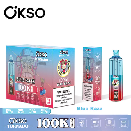 OKSO Tornado 100K disposable vape device with RGB lighting, dual mesh coil technology, rechargeable battery, and modern ergonomic design for long-lasting vaping experience.