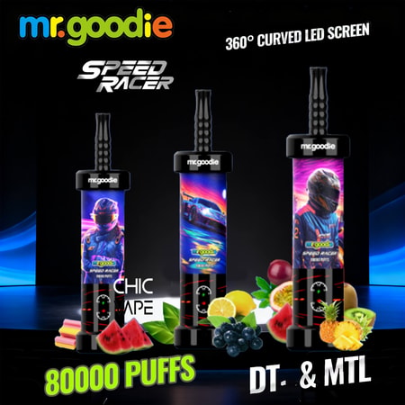 A premium Mr.Goodie Speed Racer 80K disposable vape featuring a futuristic racing-inspired design, vibrant digital 360° display screen, adjustable airflow control, and sleek ergonomic construction, showcased with dynamic lighting that highlights its advanced technology and high-capacity performance.