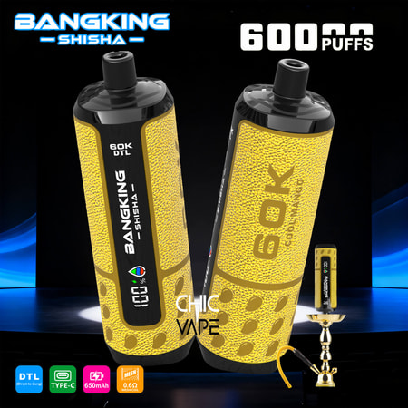 Bangking Shisha vaping device with gold textured cartridge, “600K PUFFS” and “60K DTL” text, blue highlights
