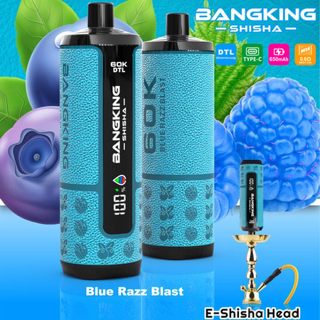 Two blue “BangKing” shisha vape-style devices with “Blue Razz Blast” text and bubble fruit graphics, E-Shisha head shown