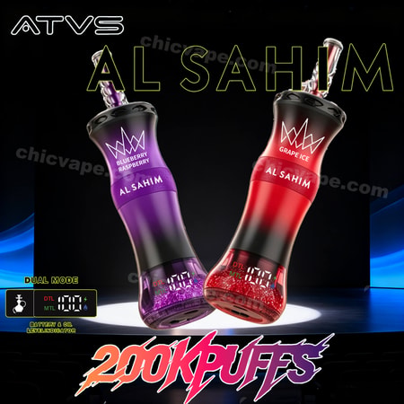 Dos pods de vape desechables de colores, con las marcas A L SAHIM y Grape Ice, modo dual y texto de 200 caladas.