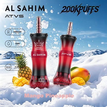 Dos dispositivos de vape rojos con atomizadores plateados en un paisaje nevado, con la indicación del sabor “Mango Pineapple”.