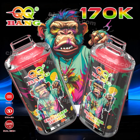 Pair of colorful “BQ Bang” e-liquid vape pods with cartoon animal mascot and “170K” branding on black background