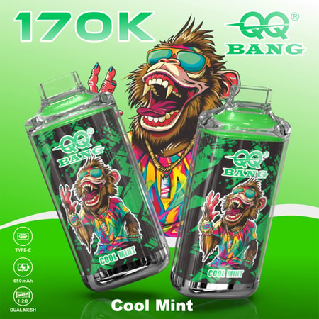 Cool Mint vape device packaging with stylized aggressive mascot and “QQ BANG” branding on green background