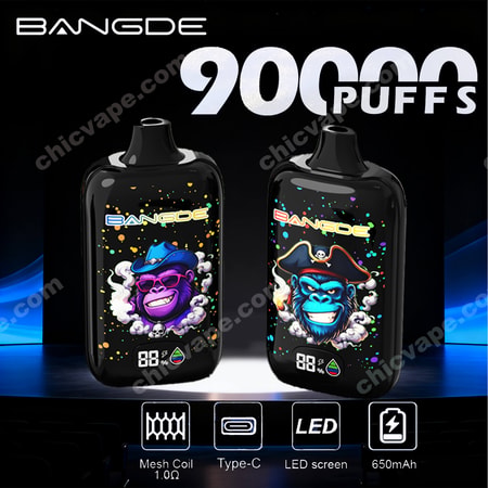 Two black BAN GDE vapes with colorful gorilla art, showing 90 puffs and “LED screen” features on a dark background