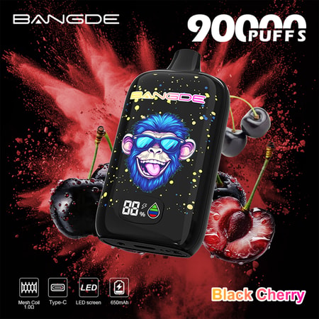 Black vape device with blue-bearded cartoon face, “20” puffs text, and red black-cherry splash background
