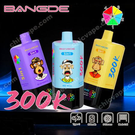 Three colorful BanGde 5-in-1 vape juice bottles with characters and “300k” text on a dark background