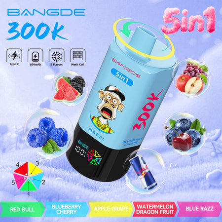 Blue BAN GDE energy drink can labeled 5in1 with fruit flavor icons and “300k” on a light blue background