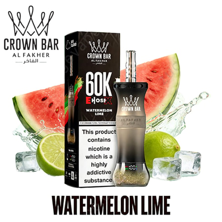 Crown Bar Al Fakher 60K Hose X vaping device packaging with watermelon-lime flavor and ice, plus warning text