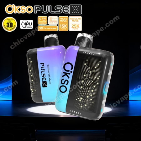 Dos dispositivos de vapeo morados y negros con la marca CKSO Pulse X, mostrados con insignias de características sobre un fondo oscuro.
