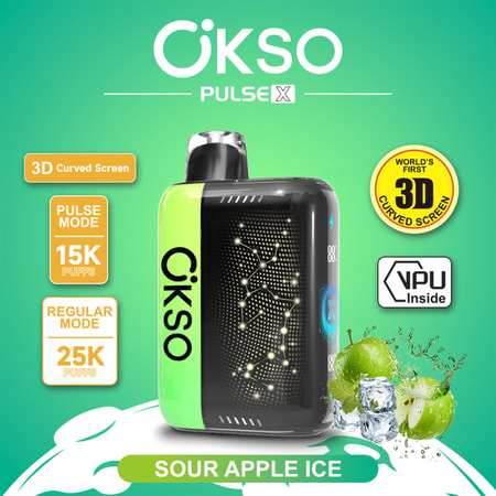 Dispositivo de vapeo Cikso Pulse X con pantalla curva 3D y texto de sabor Sour Apple Ice sobre fondo promocional verde.
