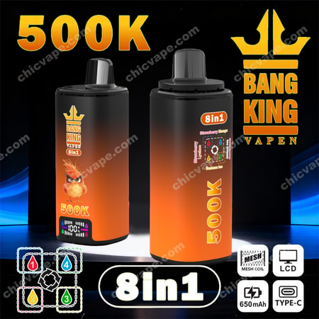 Two orange and black “Bang King” vape tanks with “500K” and “8in1” labels on a dark blue background