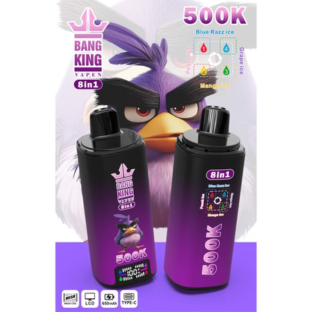 Cartoon purple bird with two purple e-cigarette vape devices labeled 8in1 500K Blue Razz Ice and Mango Ice