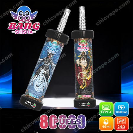 QQ Bang Shisha 80K rechargeable vape with 40ml e-liquid capacity, 1000mAh battery, 0.6Ω mesh coil technology, smart LED display, and premium DTL vaping design