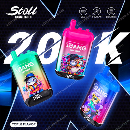 Tre dispositivi vape 3BANG BANG LEADER colorati con display 88W su sfondo blu a pois
