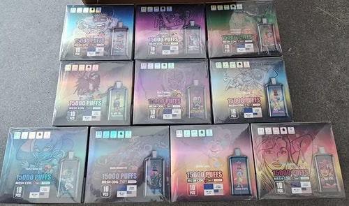 Cajas de 15.000 dispositivos de vapeo desechables con diseños coloridos y características etiquetadas que se muestran en un diseño de cuadrícula.