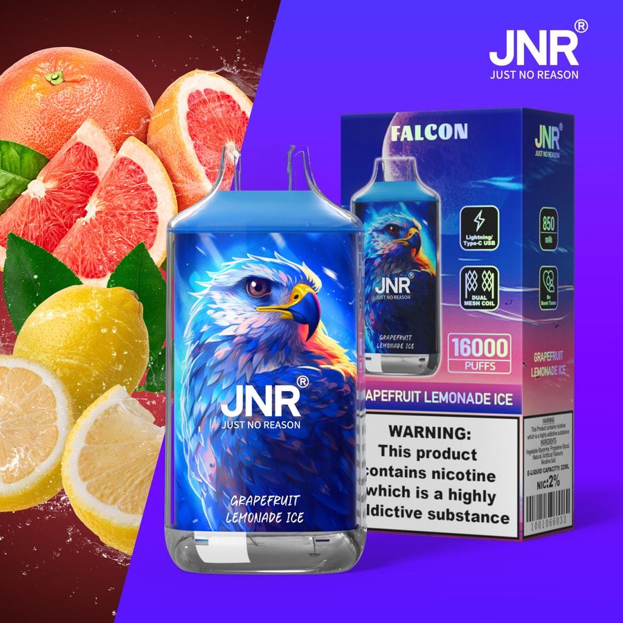 "JNR Grapefruit Lemonade Ice vape con un gráfico de águila en el envase y el dispositivo, junto a imágenes de rodajas de pomelo y limón".