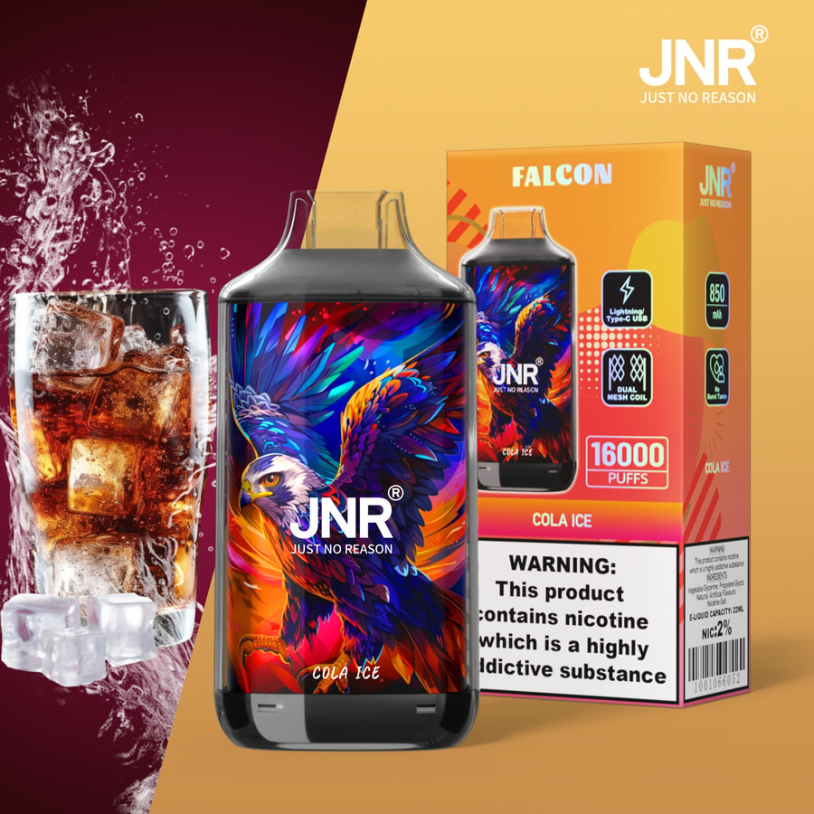 Envase para vapear JNR Falcon Cola Ice con un vibrante diseño de águila, 16.000 caladas, advertencia de nicotina y carga Type-C.