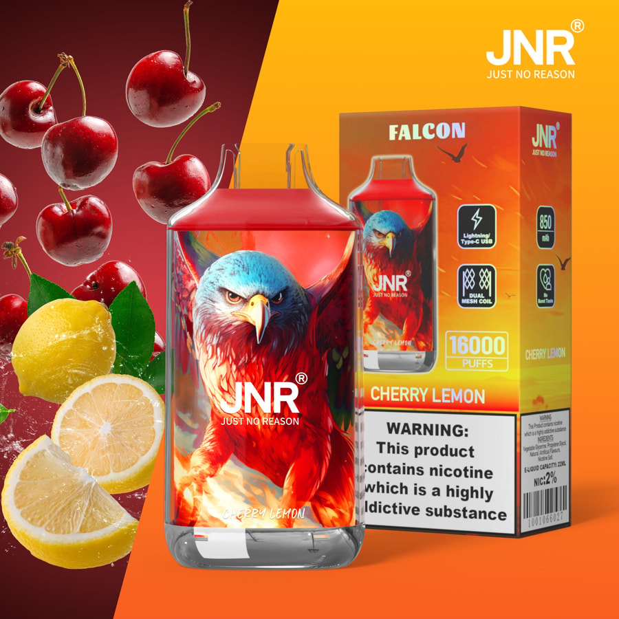 Envase del vapeador JNR "Cherry Lemon" con un diseño de águila, rodeado de cerezas y limones, destacando las 16.000 caladas, la batería de 850 mAh y la advertencia sobre el contenido de nicotina.