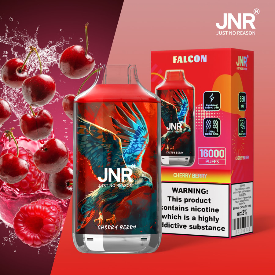 Envase del vapeador JNR "Cherry Berry" con una vibrante imagen de un águila azul y roja, junto a cerezas y frambuesas. El vape anuncia 16.000 caladas, doble bobina de malla, batería de 850 mAh, carga USB Type-C y nicotina 2%.