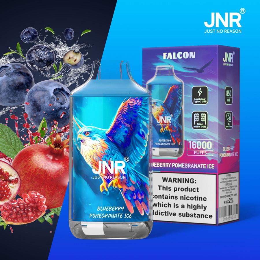 Envase para vapear de JNR Falcon con una vibrante ilustración de un pájaro, promocionando un sabor helado de arándanos y granada con 16.000 caladas. Las advertencias indican el contenido de nicotina y las propiedades adictivas.
